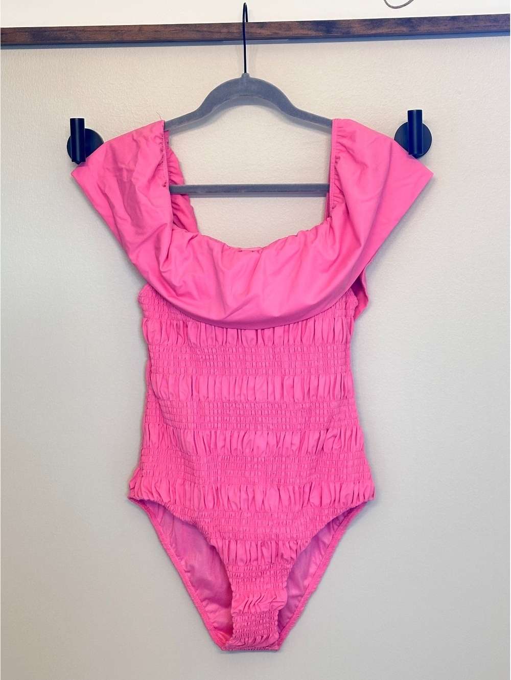 Pink Smocked Off the Shoulder One Piece Swimsuit Sz L